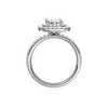 A profile view of the Emerald cut diamond engagement ring in 14k white gold with a prong diamond band and cathedral setting