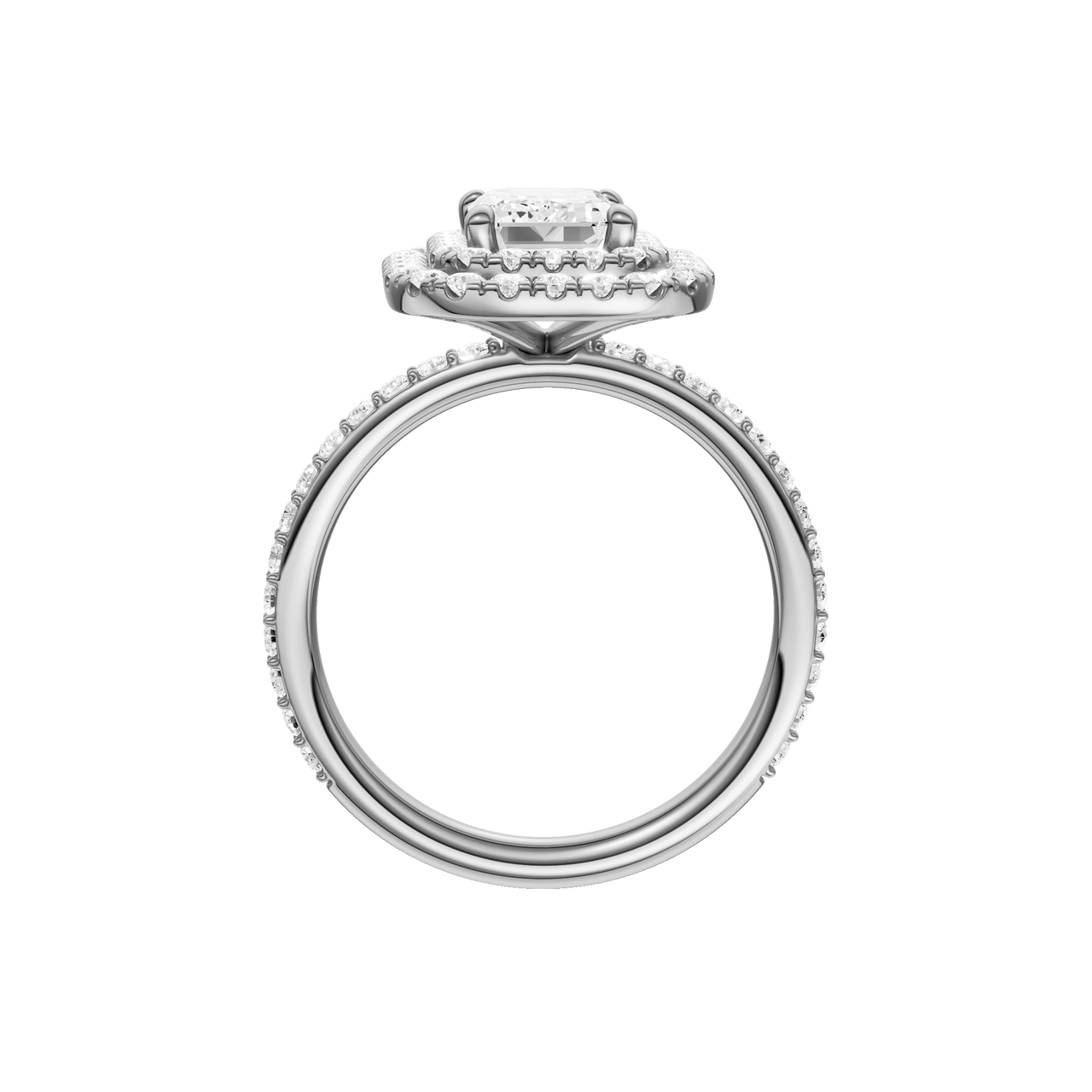 A profile view of the Emerald cut diamond engagement ring in platinum with a prong diamond band and cathedral setting