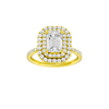 A front view of the Emerald cut diamond engagement ring in 14k yellow gold with a prong diamond band and cathedral setting