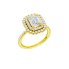 A three-quarter view of the Emerald cut diamond engagement ring in 14k yellow gold with a prong diamond band and cathedral setting