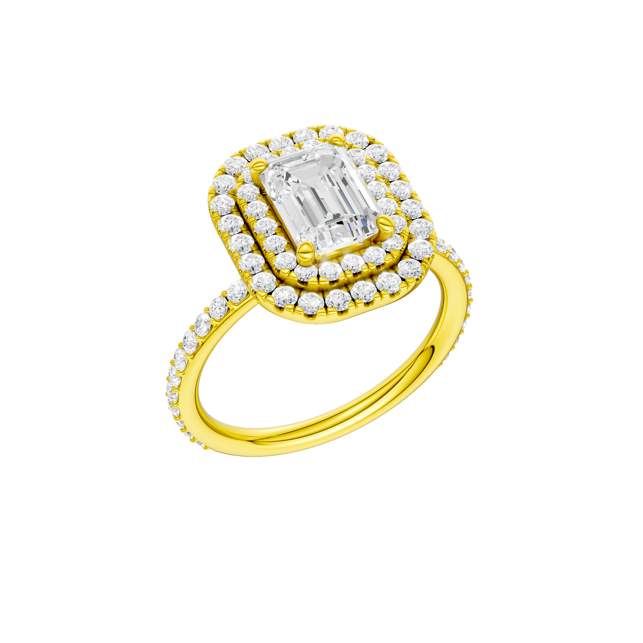 A three-quarter view of the Emerald cut diamond engagement ring in 14k yellow gold with a prong diamond band and cathedral setting