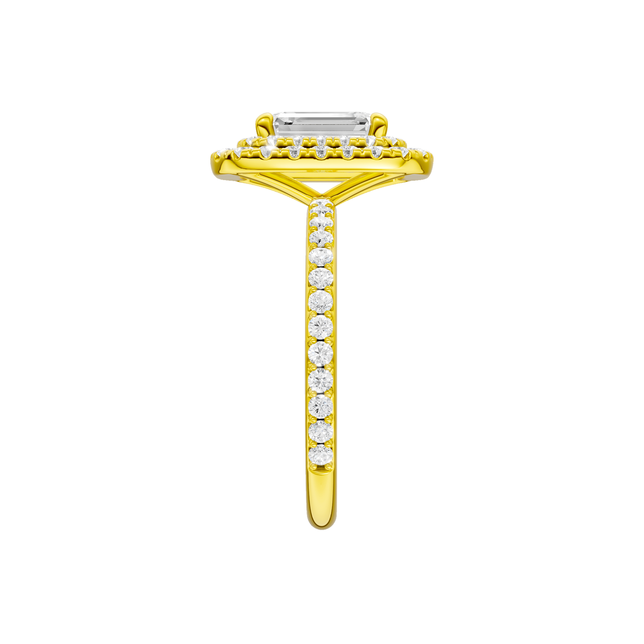 A side view of the Emerald cut diamond engagement ring in 14k yellow gold with a prong diamond band and cathedral setting