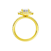 A profile view of the Emerald cut diamond engagement ring in 14k yellow gold with a prong diamond band and cathedral setting