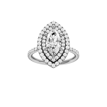 A front view of the Marquise cut diamond engagement ring in 14k white gold with a prong diamond band and cathedral setting
