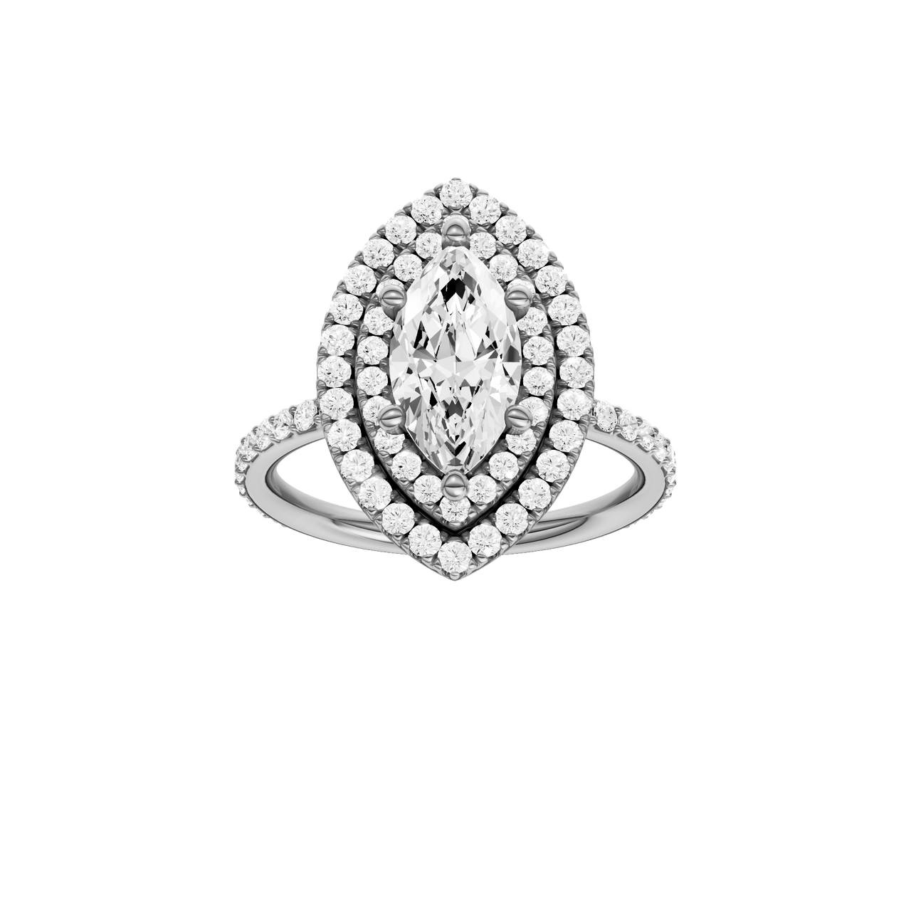 A front view of the Marquise cut diamond engagement ring in platinum with a prong diamond band and cathedral setting