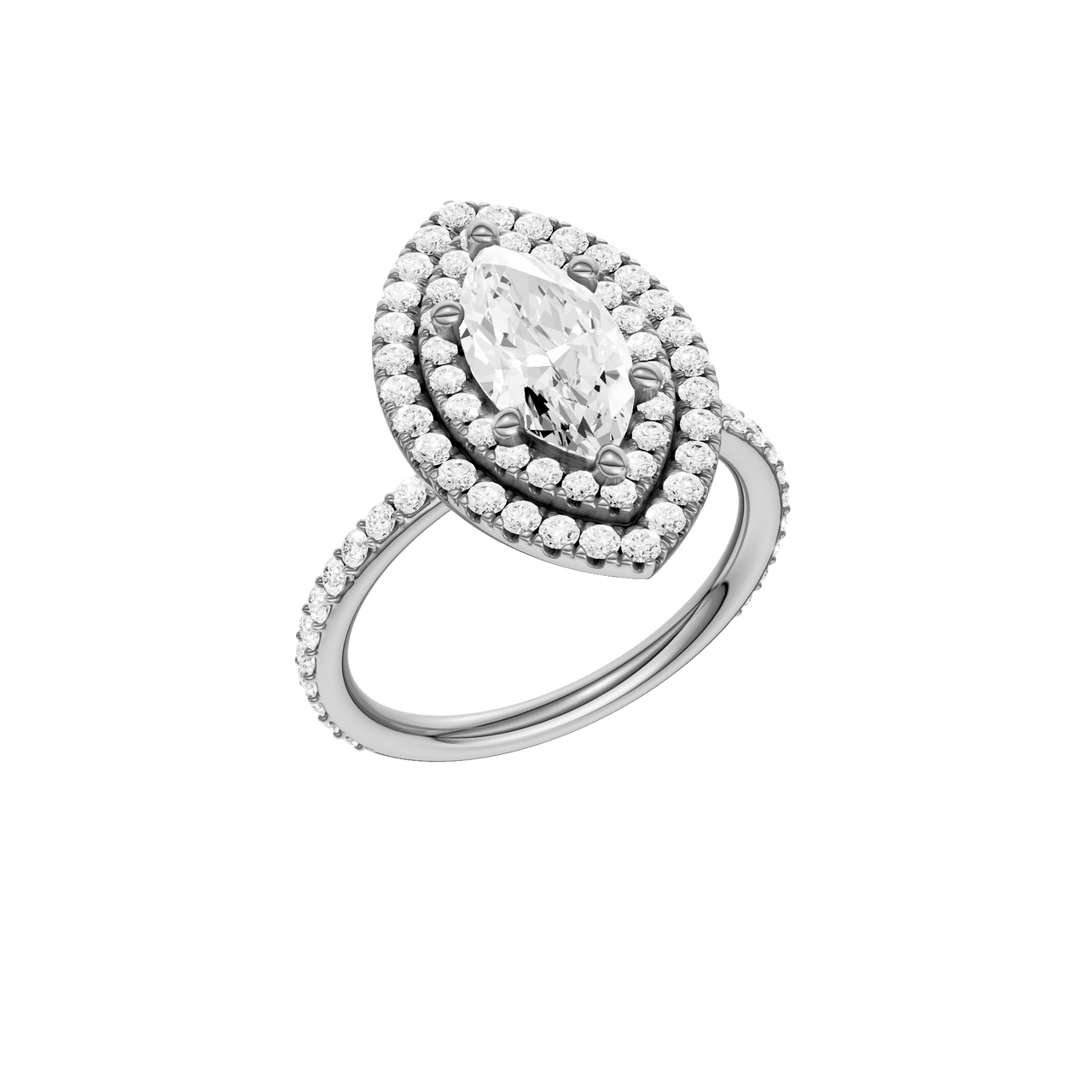 A three-quarter view of the Marquise cut diamond engagement ring in 14k white gold with a prong diamond band and cathedral setting