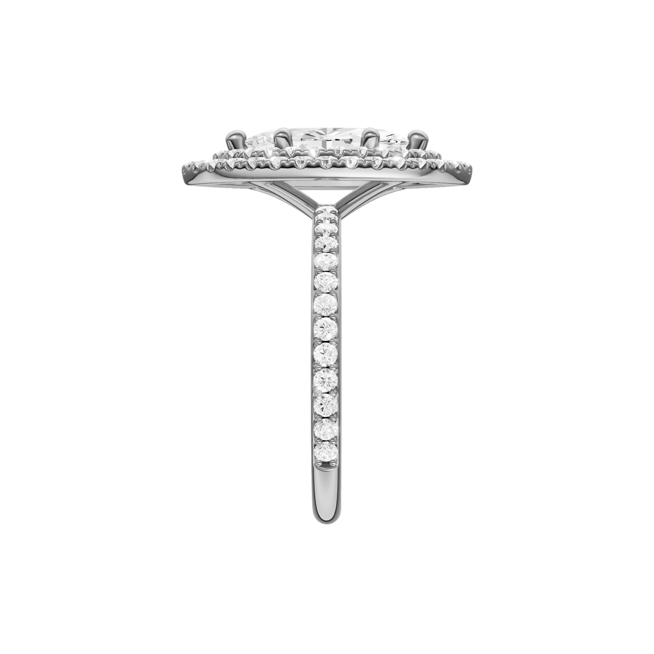 A side view of the Marquise cut diamond engagement ring in platinum with a prong diamond band and cathedral setting