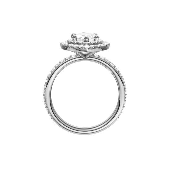A profile view of the Marquise cut diamond engagement ring in 14k white gold with a prong diamond band and cathedral setting