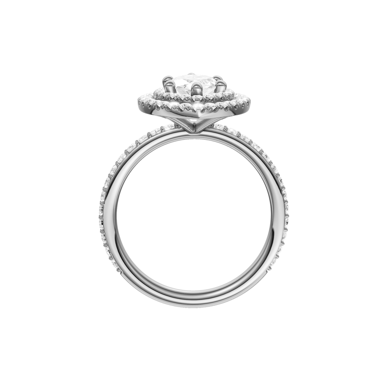A profile view of the Marquise cut diamond engagement ring in 14k white gold with a prong diamond band and cathedral setting