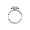 A profile view of the Marquise cut diamond engagement ring in platinum with a prong diamond band and cathedral setting