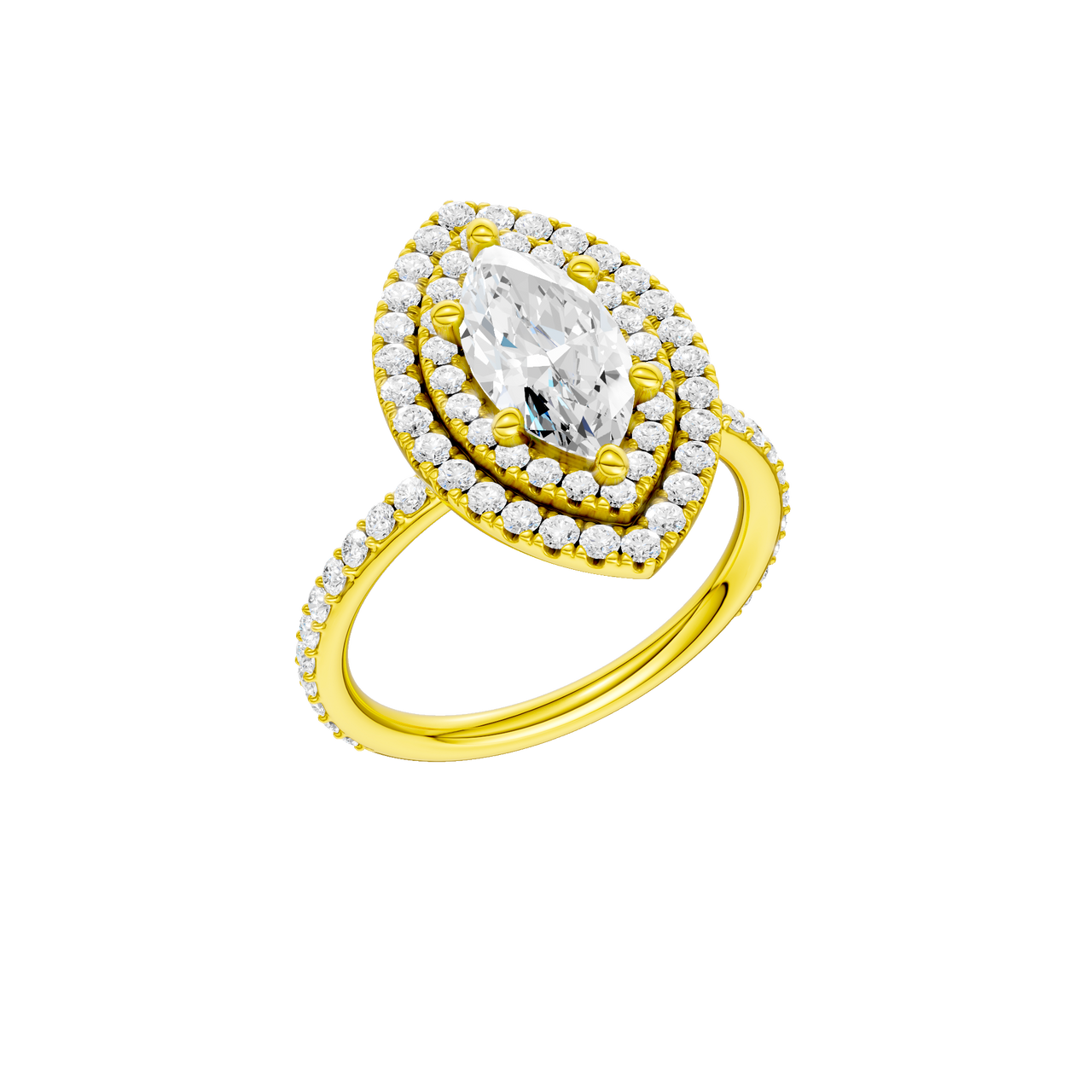A three-quarter view of the Marquise cut diamond engagement ring in 14k yellow gold with a prong diamond band and cathedral setting
