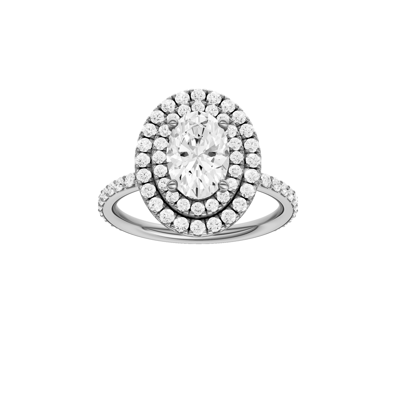 A front view of the Oval cut diamond engagement ring in 14k white gold with a prong diamond band and cathedral setting