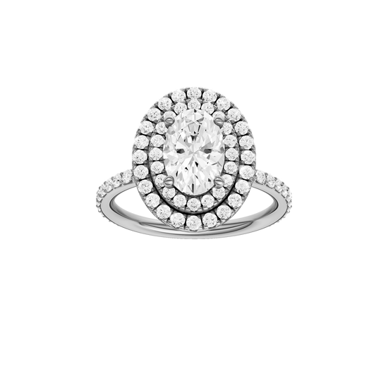 A front view of the Oval cut diamond engagement ring in platinum with a prong diamond band and cathedral setting