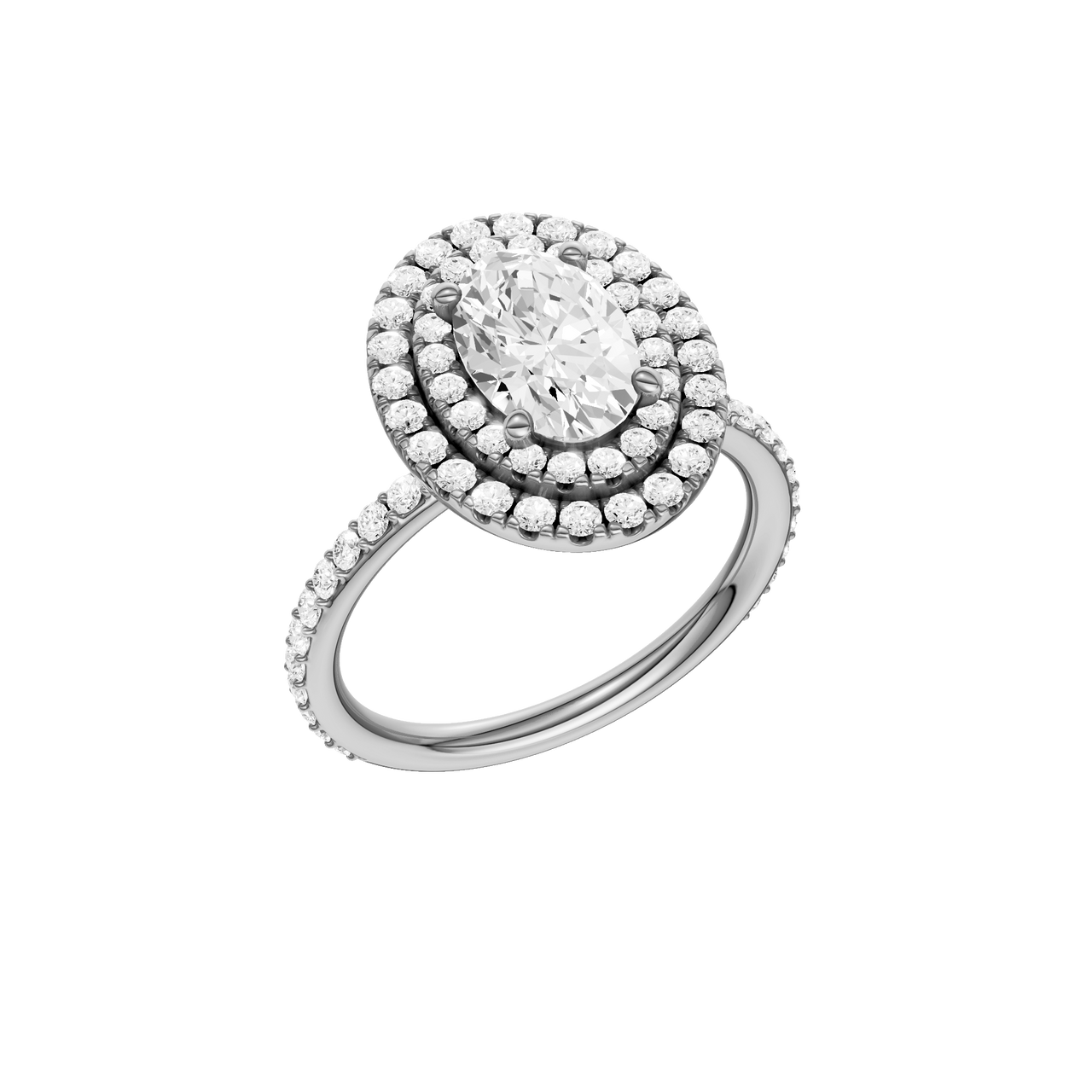 A three-quarter view of the Oval cut diamond engagement ring in platinum with a prong diamond band and cathedral setting