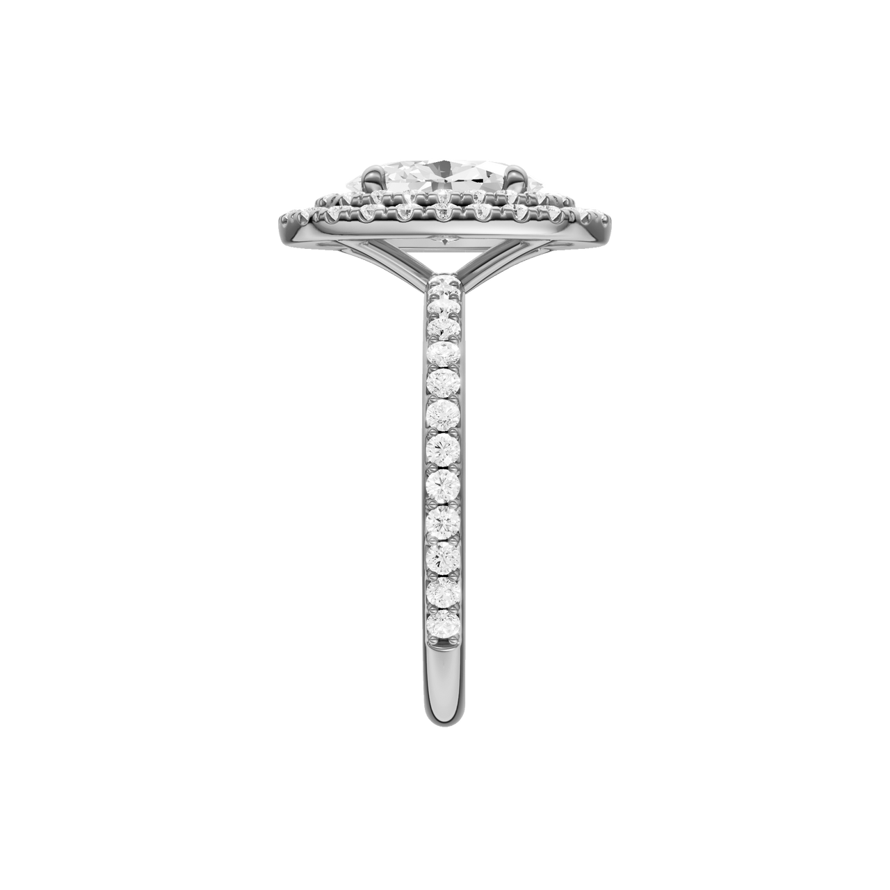 A side view of the Oval cut diamond engagement ring in platinum with a prong diamond band and cathedral setting