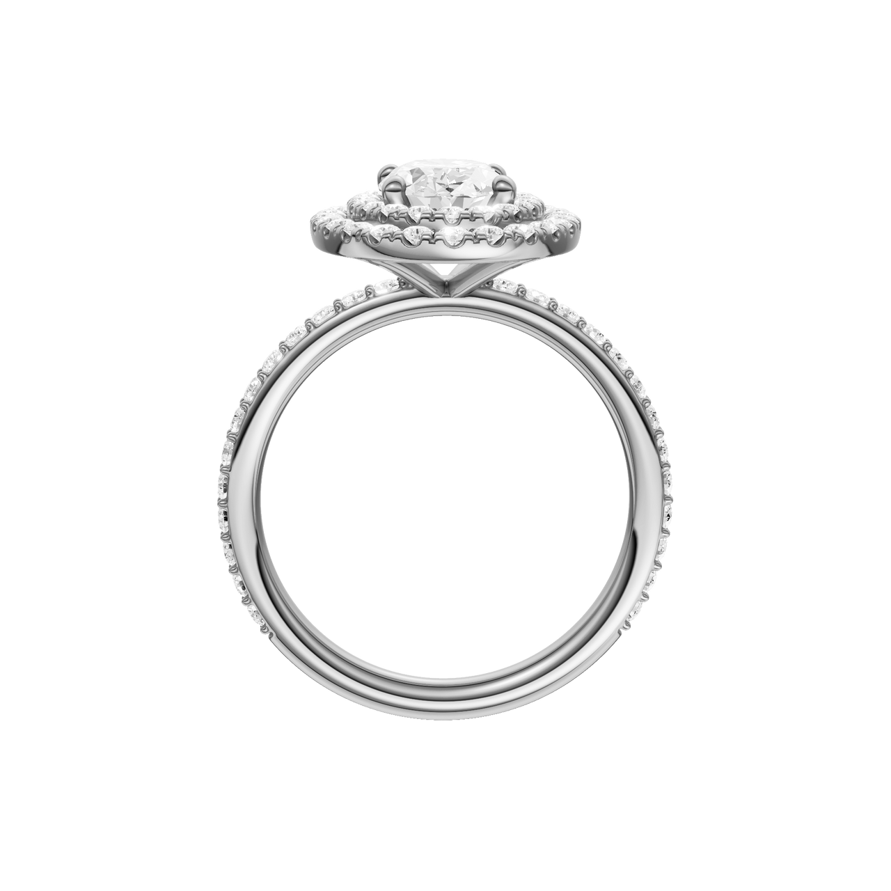 A profile view of the Oval cut diamond engagement ring in 14k white gold with a prong diamond band and cathedral setting