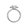 A profile view of the Oval cut diamond engagement ring in platinum with a prong diamond band and cathedral setting