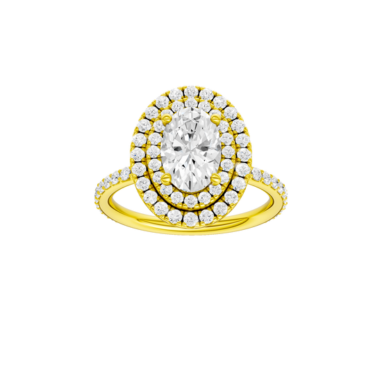 A front view of the Oval cut diamond engagement ring in 14k yellow gold with a prong diamond band and cathedral setting