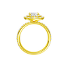 A profile view of the Oval cut diamond engagement ring in 14k yellow gold with a prong diamond band and cathedral setting