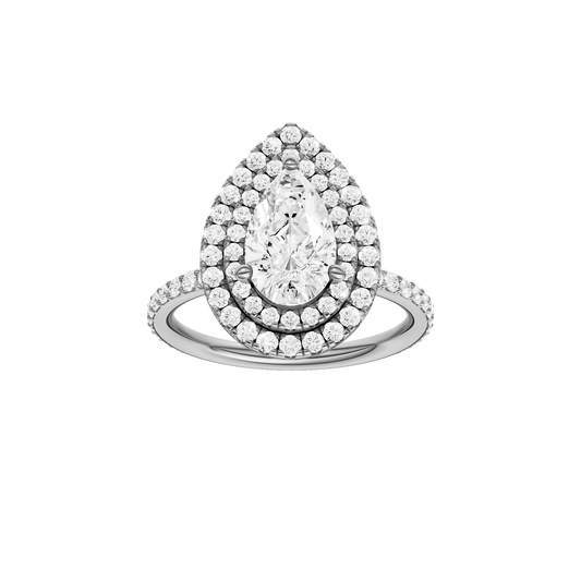 A front view of the Pear cut diamond engagement ring in 14k white gold with a prong diamond band and cathedral setting