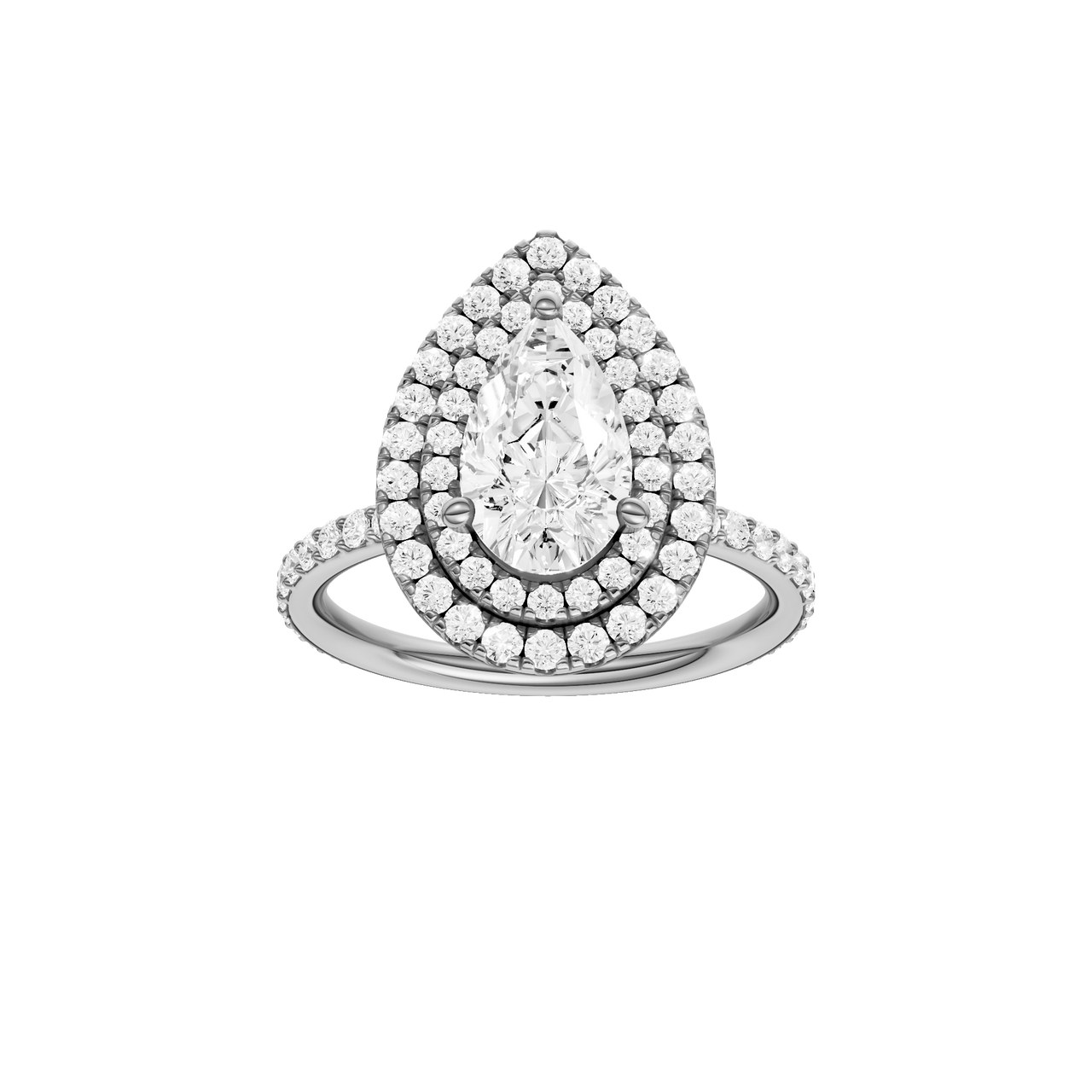 A front view of the Pear cut diamond engagement ring in platinum with a prong diamond band and cathedral setting