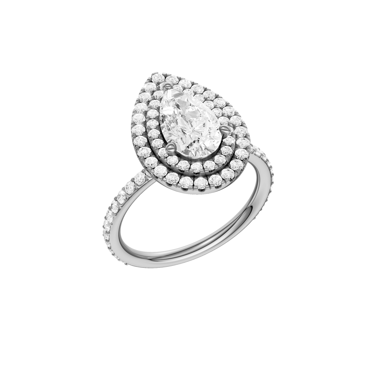 A three-quarter view of the Pear cut diamond engagement ring in platinum with a prong diamond band and cathedral setting