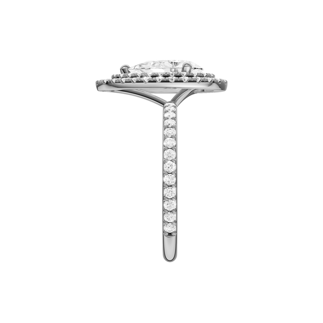 A side view of the Pear cut diamond engagement ring in 14k white gold with a prong diamond band and cathedral setting