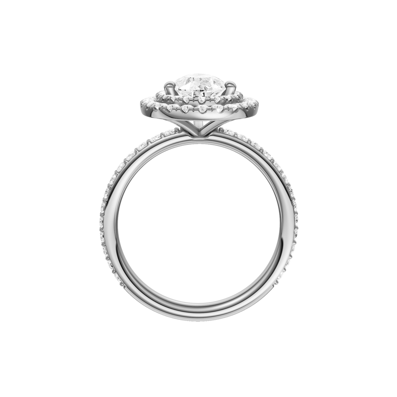 A profile view of the Pear cut diamond engagement ring in 14k white gold with a prong diamond band and cathedral setting