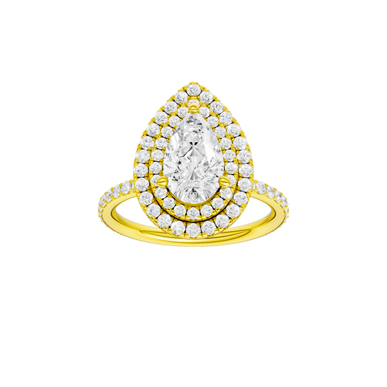 A front view of the Pear cut diamond engagement ring in 14k yellow gold with a prong diamond band and cathedral setting