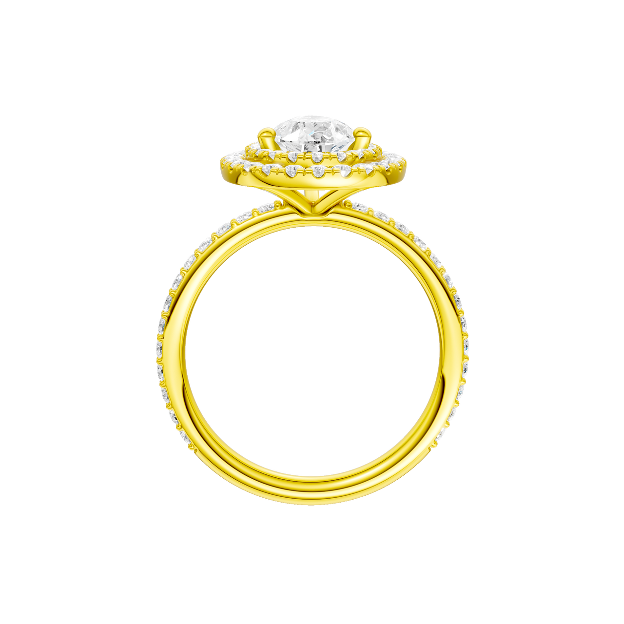 A profile view of the Pear cut diamond engagement ring in 14k yellow gold with a prong diamond band and cathedral setting