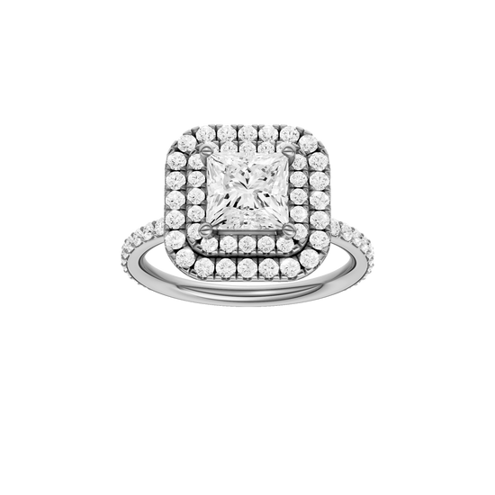 A front view of the Princess cut diamond engagement ring in platinum with a prong diamond band and cathedral setting