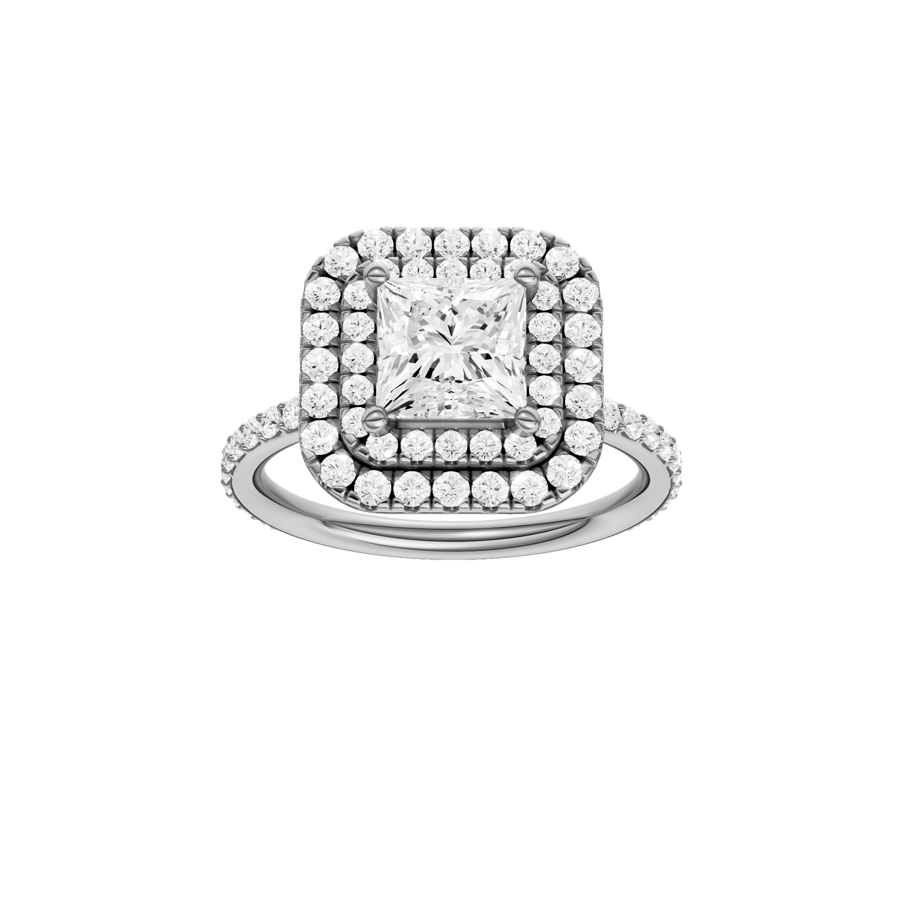 A front view of the Princess cut diamond engagement ring in 14k white gold with a prong diamond band and cathedral setting
