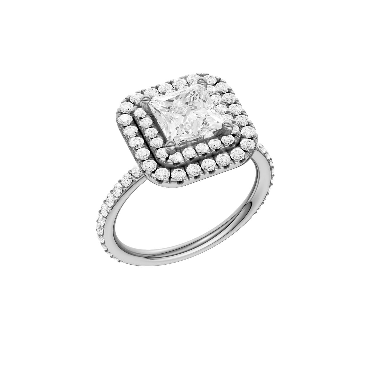 A three-quarter view of the Princess cut diamond engagement ring in 14k white gold with a prong diamond band and cathedral setting