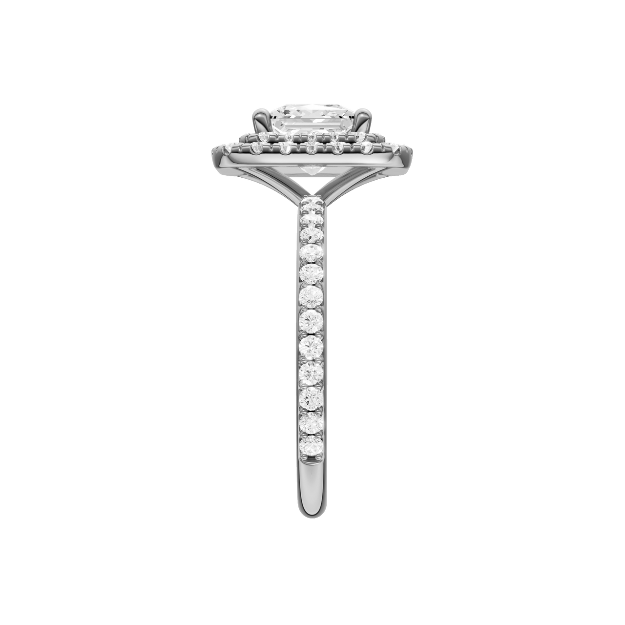 A side view of the Princess cut diamond engagement ring in 14k white gold with a prong diamond band and cathedral setting