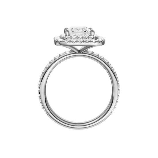 A profile view of the Princess cut diamond engagement ring in platinum with a prong diamond band and cathedral setting