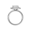 A profile view of the Princess cut diamond engagement ring in platinum with a prong diamond band and cathedral setting