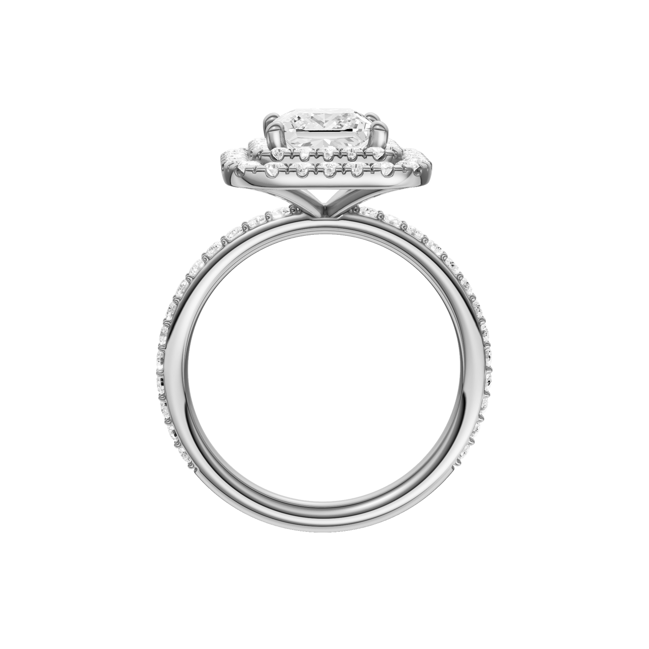 A profile view of the Princess cut diamond engagement ring in platinum with a prong diamond band and cathedral setting