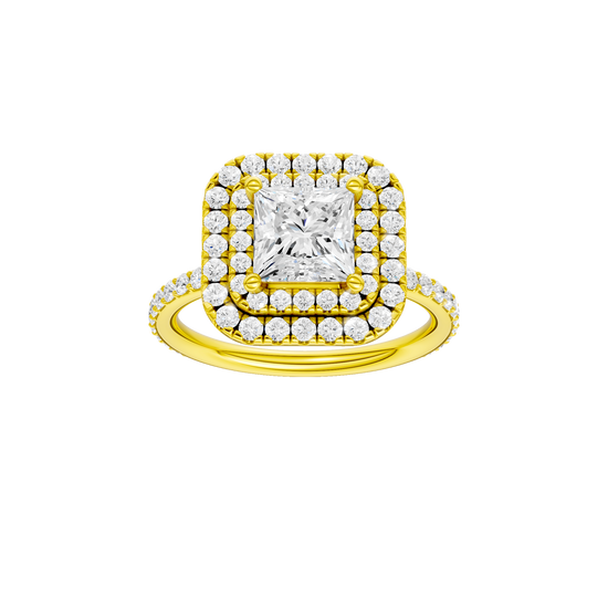 A front view of the Princess cut diamond engagement ring in 14k yellow gold with a prong diamond band and cathedral setting