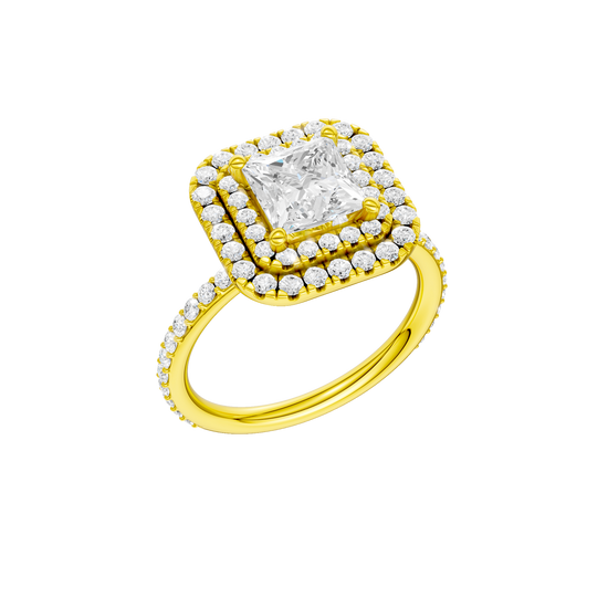 A three-quarter view of the Princess cut diamond engagement ring in 14k yellow gold with a prong diamond band and cathedral setting