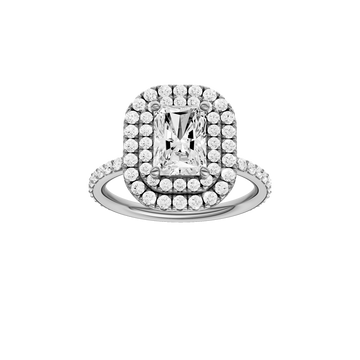 A front view of the Radiant cut diamond engagement ring in 14k white gold with a prong diamond band and cathedral setting
