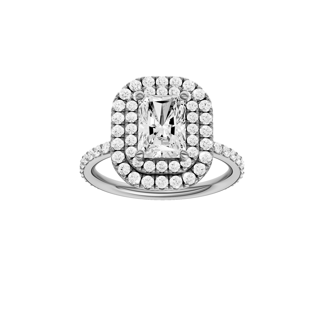 A front view of the Radiant cut diamond engagement ring in platinum with a prong diamond band and cathedral setting