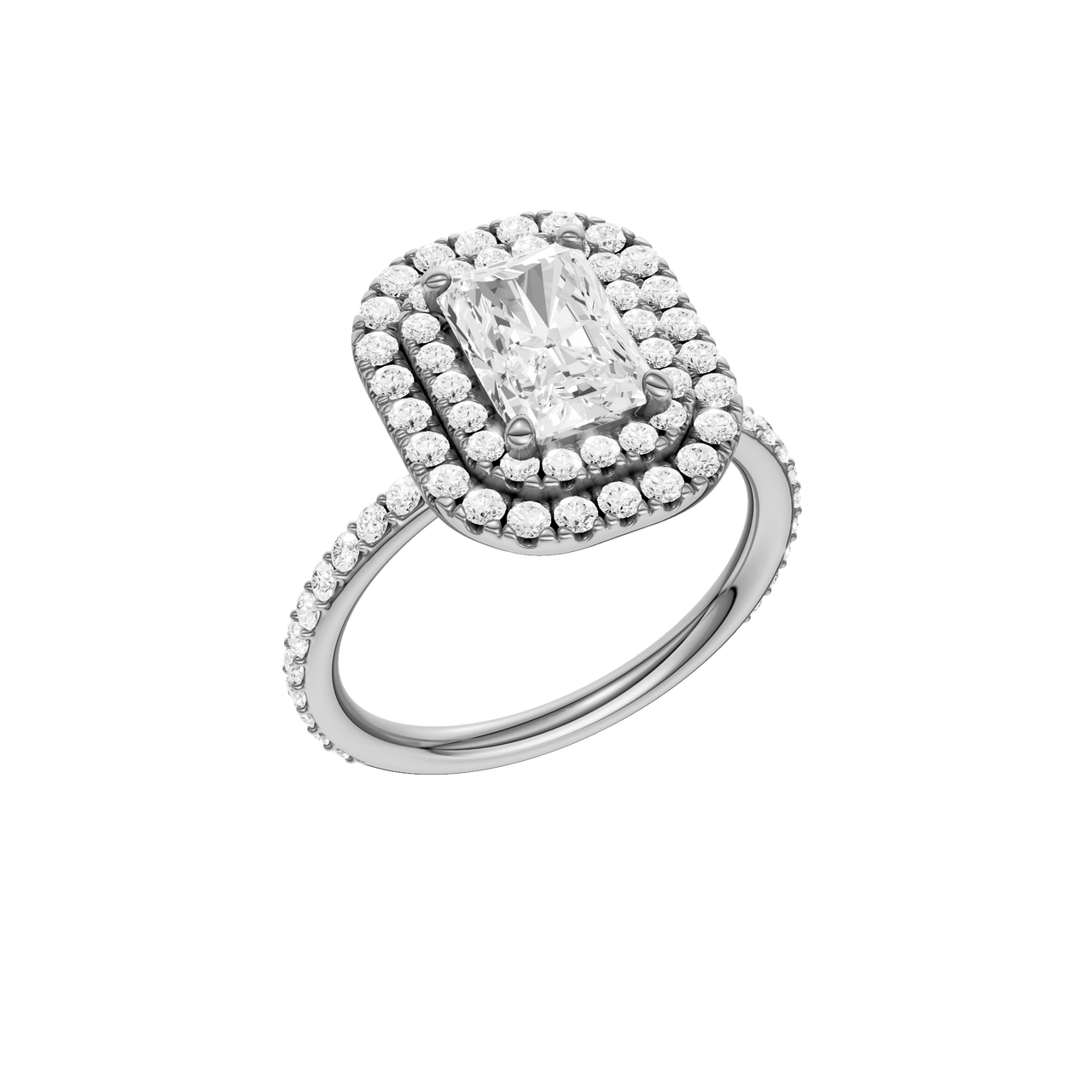A three-quarter view of the Radiant cut diamond engagement ring in platinum with a prong diamond band and cathedral setting