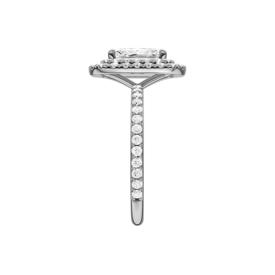 A side view of the Radiant cut diamond engagement ring in platinum with a prong diamond band and cathedral setting