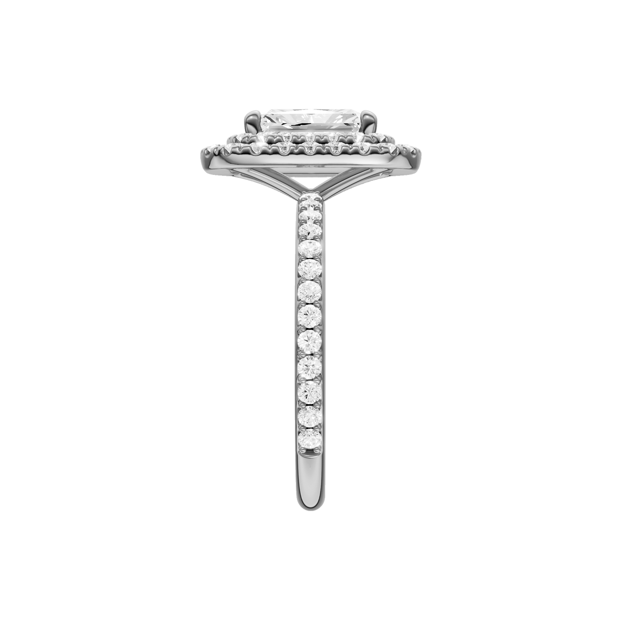 A side view of the Radiant cut diamond engagement ring in 14k white gold with a prong diamond band and cathedral setting