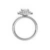 A profile view of the Radiant cut diamond engagement ring in platinum with a prong diamond band and cathedral setting