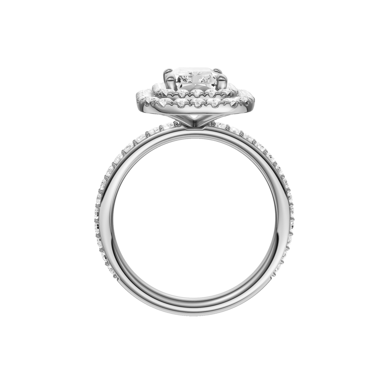 A profile view of the Radiant cut diamond engagement ring in platinum with a prong diamond band and cathedral setting