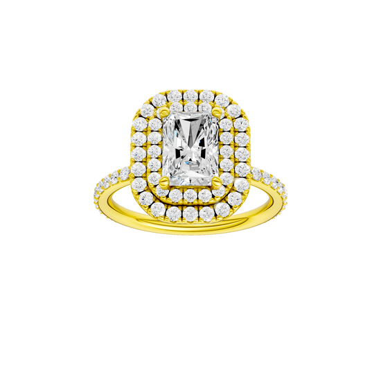 A front view of the Radiant cut diamond engagement ring in 14k yellow gold with a prong diamond band and cathedral setting