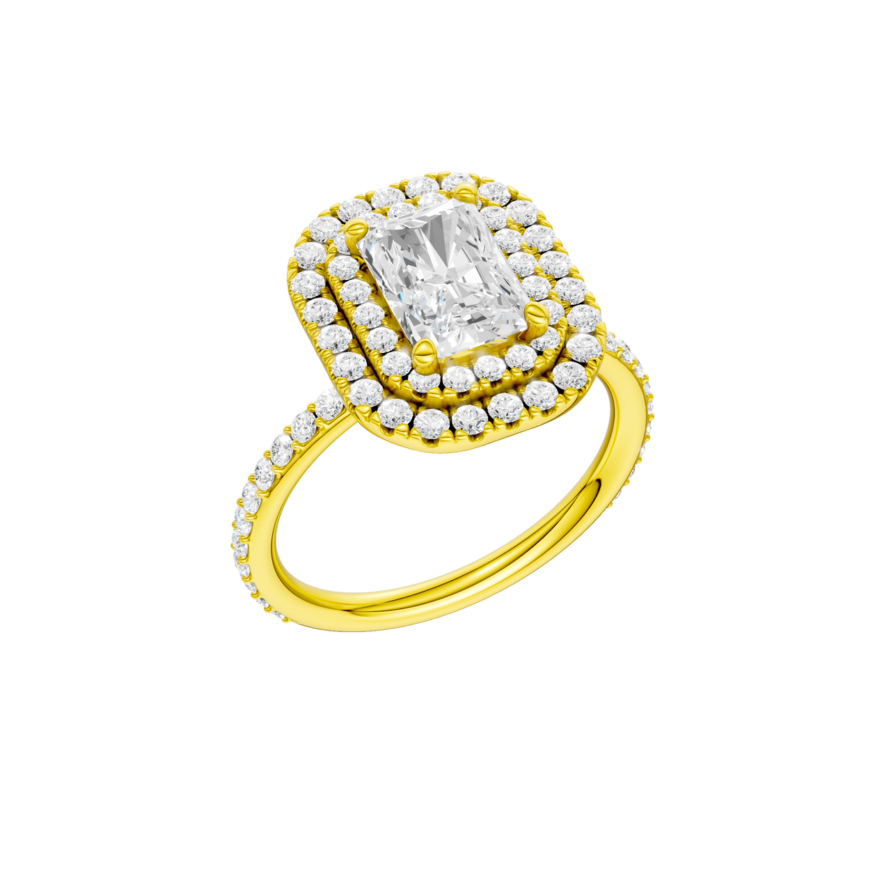 A three-quarter view of the Radiant cut diamond engagement ring in 14k yellow gold with a prong diamond band and cathedral setting