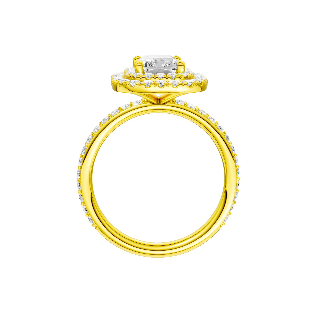 A profile view of the Radiant cut diamond engagement ring in 14k yellow gold with a prong diamond band and cathedral setting