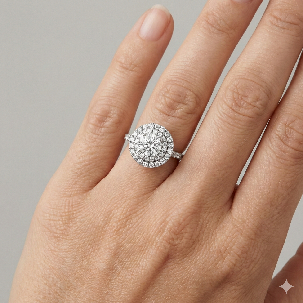 Round cut diamond engagement ring in 14k white gold with a prong diamond band and cathedral setting on a hand